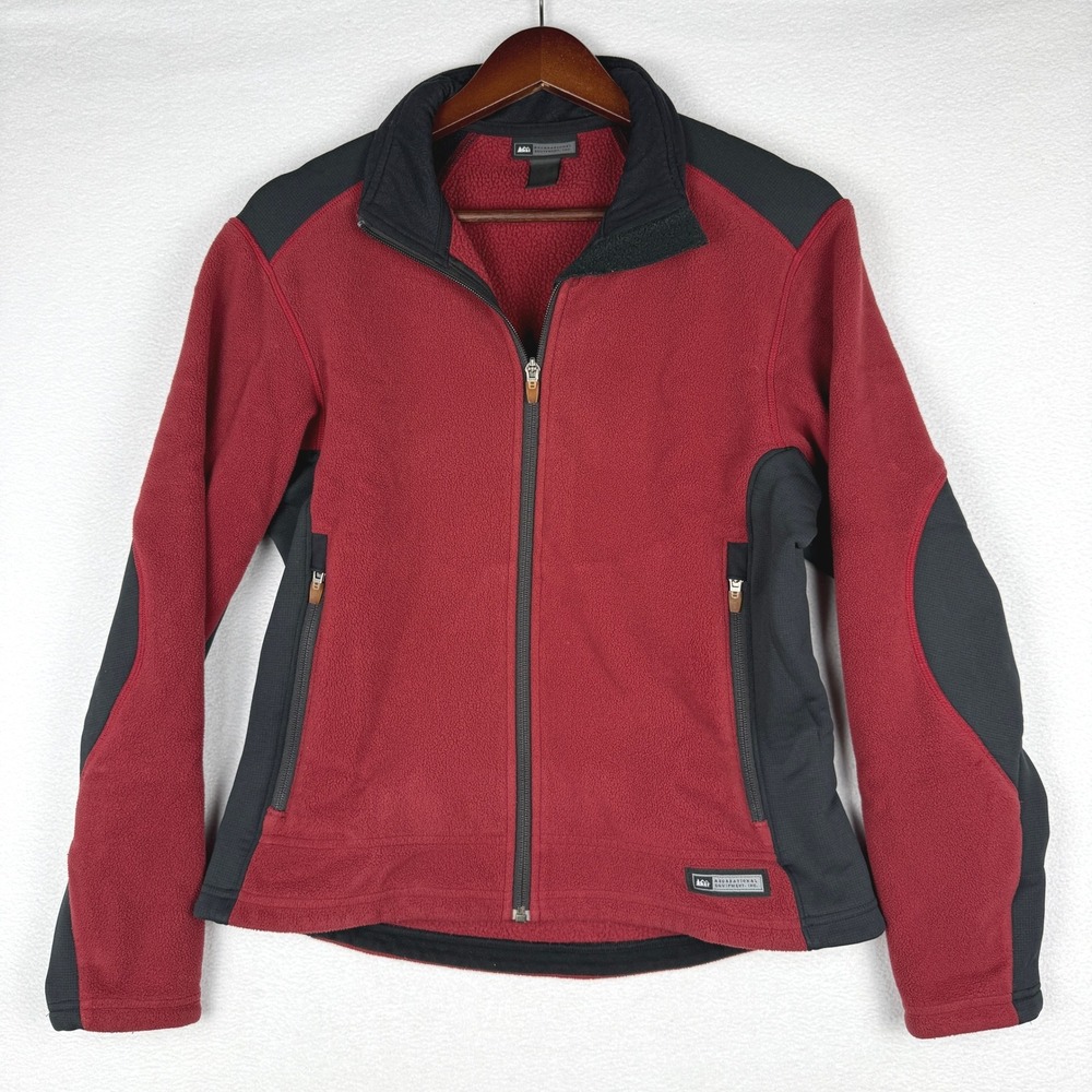 REI Polartec Fleece Jacket Womens Small Red Black Full Zip Mock Neck Outdoor